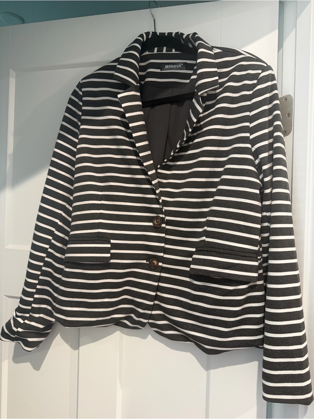 Allegra K Black & White Striped Blazer Jacket With Pockets Size L